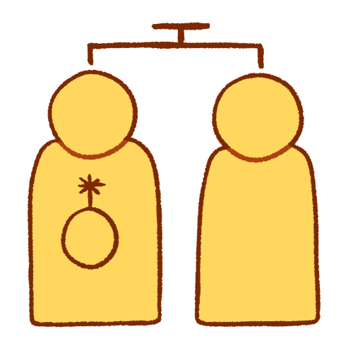 A drawing of two generic emoji yellow people standing next to each other. The person on the left has a large nonbinary symbol on their torso. Above them is a dark brown line with a line down to each of them, with another, shorter connected line above it, reminiscent of a family tree